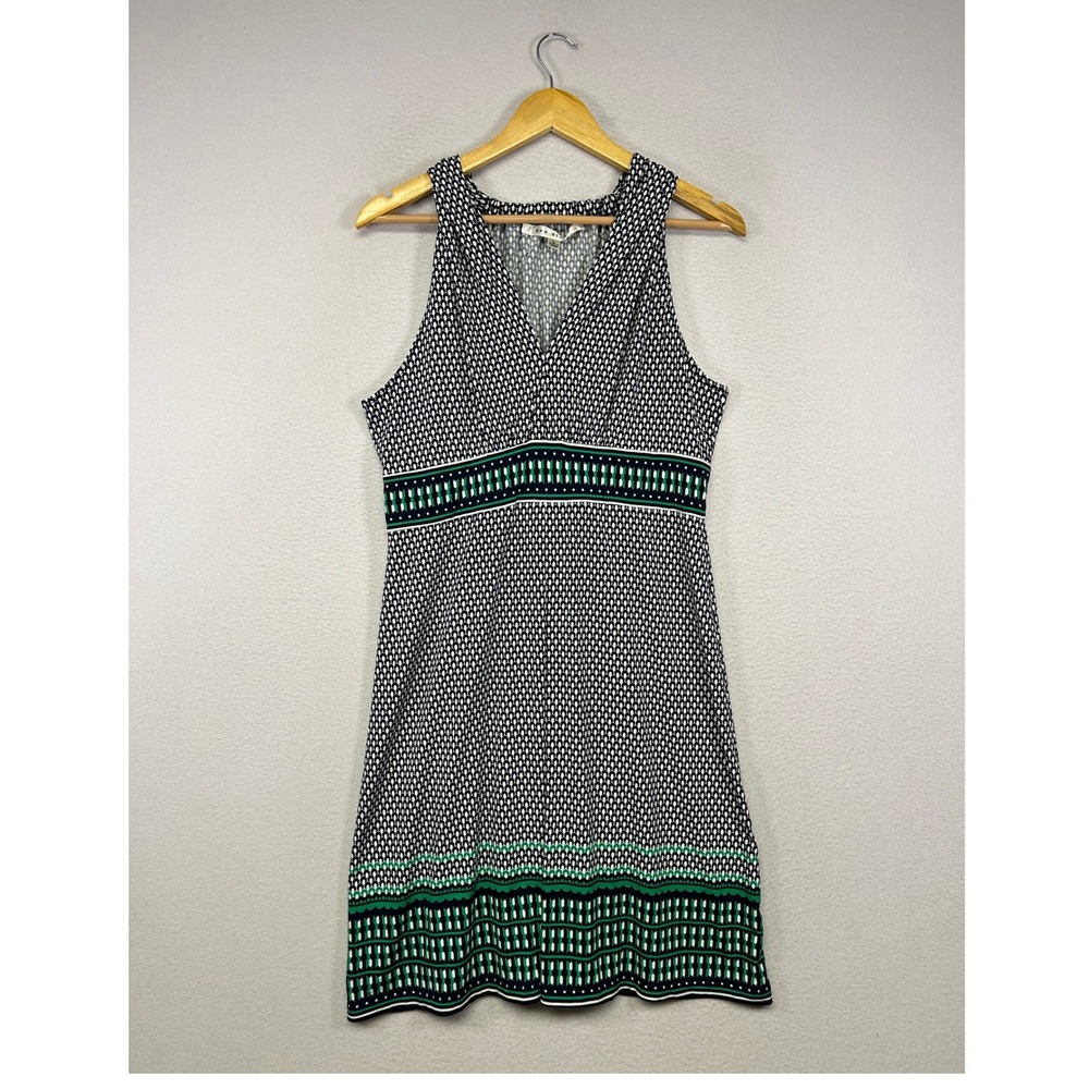 Mod Retro Max Studio‎ Womens Large Navy Green Geometric Knit V-Neck Mini Dress